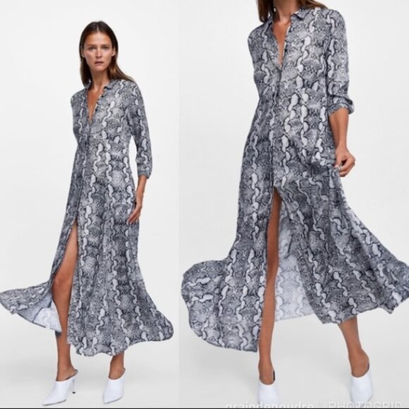 Zara Dresses & Skirts - Zara Snake Print Maxi Shirt Dress Black Gray Animal Print Women’s XS